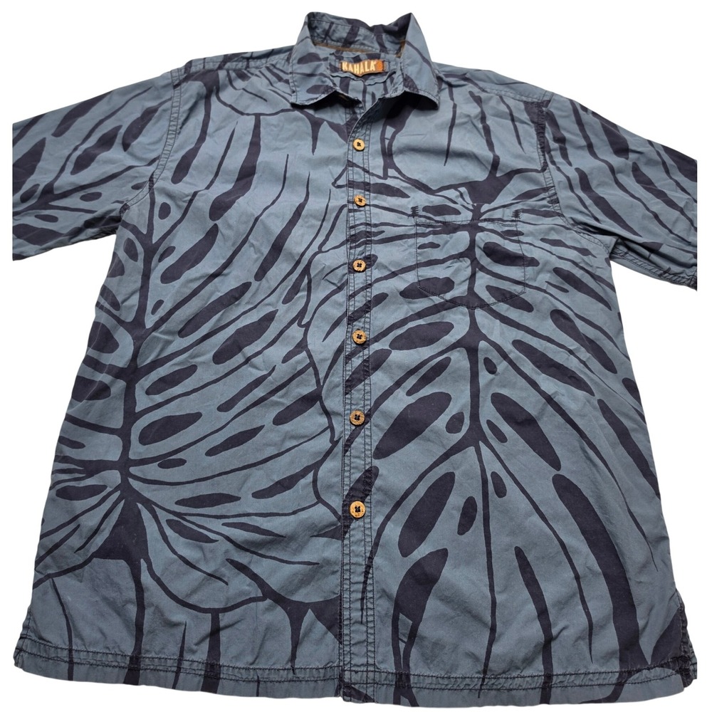 Kahala Mens Large Blue Monstera Leaf Print Cotton Short Sleeve Aloha Shirt